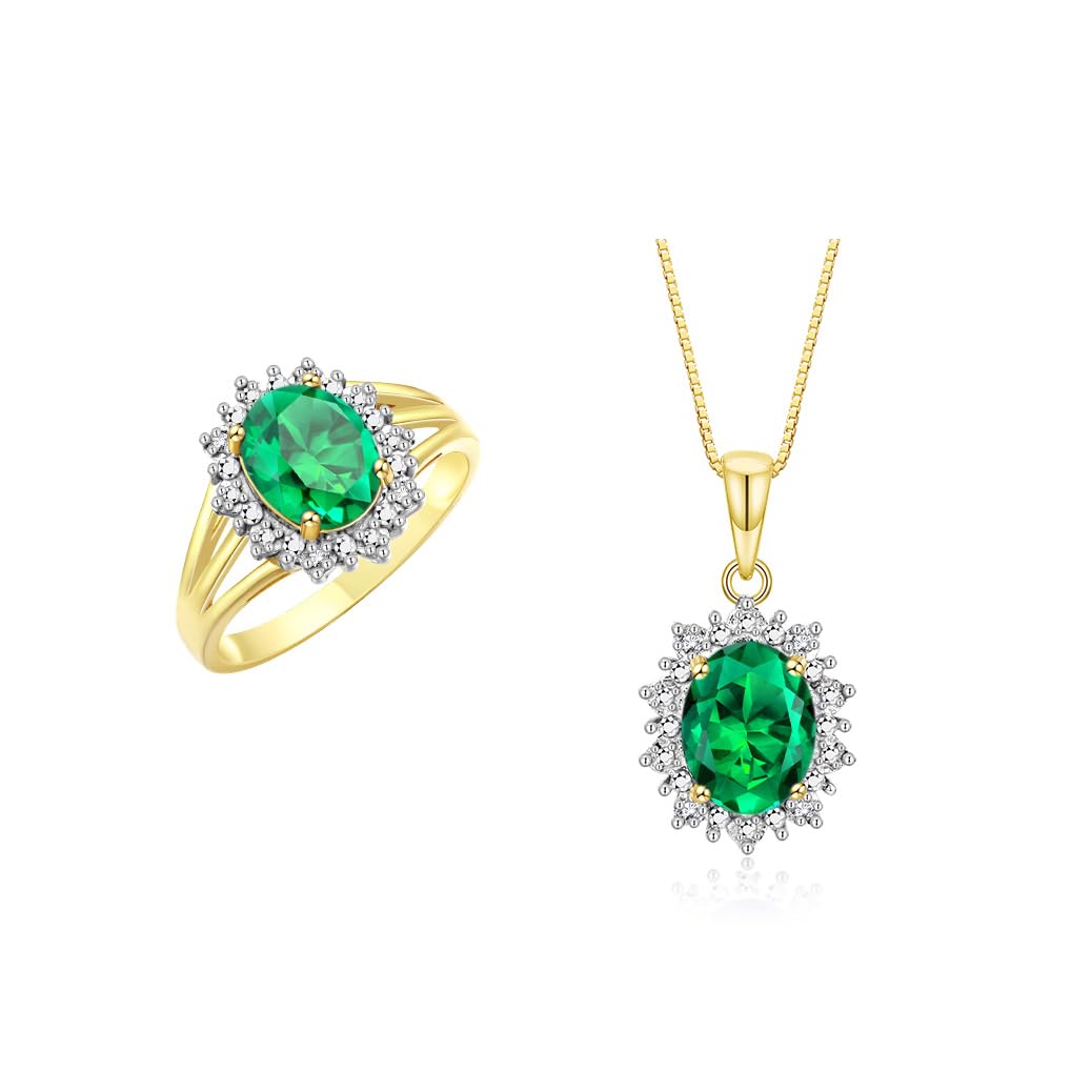 Rylos Women's Yellow Gold Plated Silver Princess Diana Ring &amp; Pendant Set. Gemstone &amp; Diamonds, 9X7MM Birthstone. Matching Friendship Jewelry, Sizes 5-10.