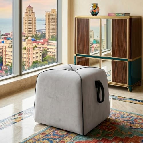 Image of CASASTYLE Signature Velure Suri Accent Pouf | Boston Fabric | 40D High-Density Foam | (Light Grey) | Footrest, Vanity Ottoman & Accent Seat for Home, Office & Hotel