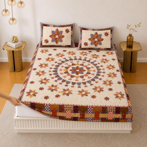 Image of Jaipur Weaves Bedsheet King Size 100% Pure Cotton Bed Sheet with 2 Pillow Covers, 144 TC Premium Bedding Set, 72x78 inches,(Floral Mandala Orange, Super King Fitted)