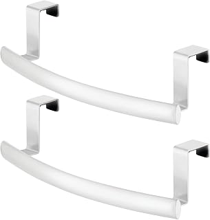 mDesign Steel Over Door Curved Towel Bar Storage, Hanger for Cabinet or Cupboard, Holder Rack for Kitchen, Bathroom - Holds Hand/Dish Towels, Washcloths - Spira Collection - 2 Pack - White