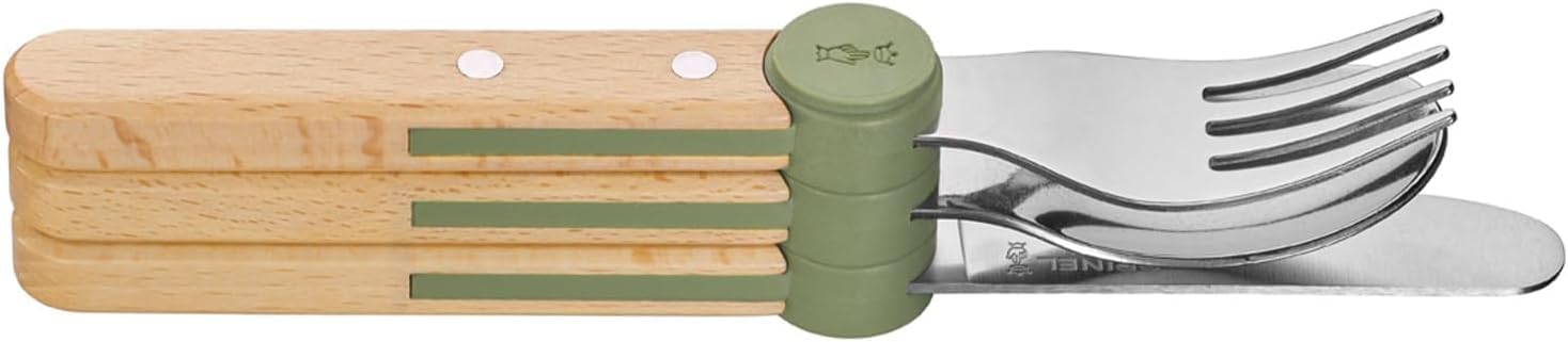 OPINEL Le Petit Gourmet Set de Couverts pour Enfants – Personnalisable avec Gravure – 4 pièces en Acier Inoxydable, idée Cadeau pour Naissance, baptême ou Anniversaire (Vert Olive)