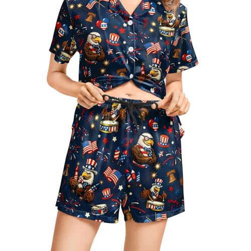 Image of Funny Pajamas for Women Set Print Satin Loungewear Pjs Short Sleeve Button Down Top and Shorts Sets Sleepwear XS-3XL