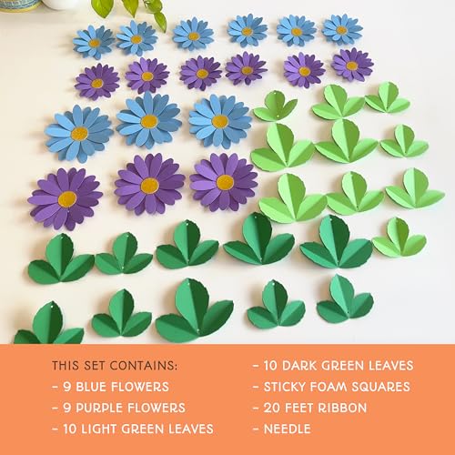 Image of Flower Bunting for Wall Decoration (Blue Daisy with Leaves)