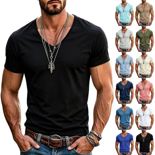 Tshirt Herren Sommer T-Shirt V-Ausschnitt Regular Fit Kurzarm Freizeitshirt Atmungsaktiv Tee Shirt