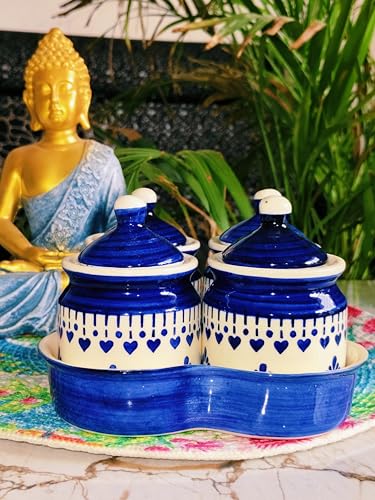 Image of Niyara Multipurpose Storage Ceramic Pickle set Jars with Lid & tray (Set of 4, 300 ml) (Blue)