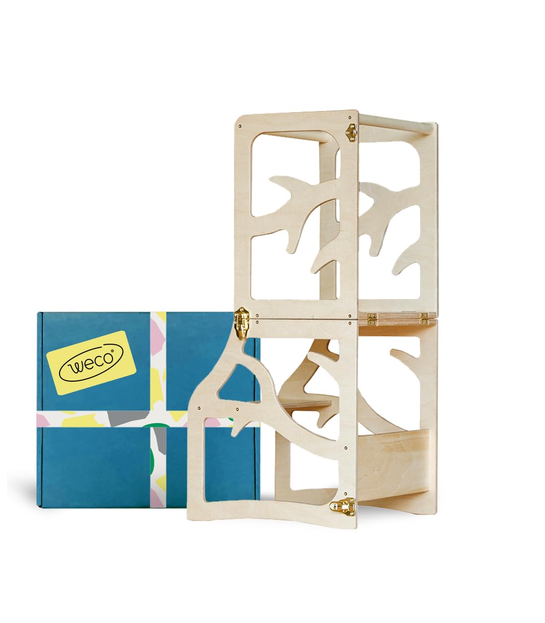 Weco Montessori Kinder Lernturm 2 in 1 Baum Design Tritthocker FSC Zertifikat Schreibtisch Montessori Möbel Küchenhelfer klappbar Stylisch Lernturm (Lackiert)