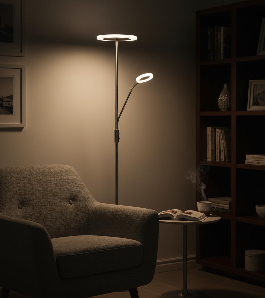 BEL AIR HOME - Lámpara de Pie de Salón Led 26W+6W con Dimmer, BAYANI 3000K 4000K 6500K, Diseño Moderno en Metal, Protección Ocular y Altura de 179cm (PLATA)