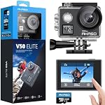 AKASO V50 Elite 4K60fps Toucher l'écran WiFi Contrôle de la voix de la caméra d'action EIS 131 pieds Caméra étanche 8X Zoom télécommande avec 64GB U3 MicroSDXC Carte mémoire
