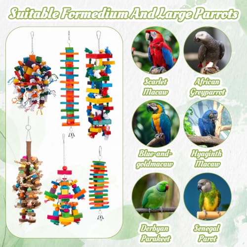 Image of Seenelling 6 Pcs Extra Large Bird Toys for Parrots, Block and Ball | Multicolored Natural Wooden Blocks & Beads Bells, Bird Cage Chewing Toys for Large Medium Macaws African Grey Cockatoos