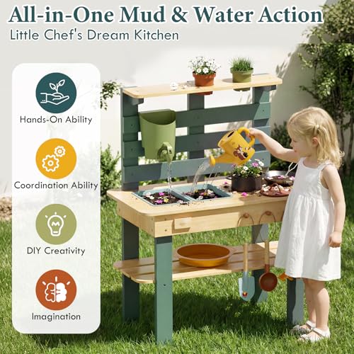 Image of Lehoo Castle Mud Kitchen for Kids Outdoor, Wooden Play Kitchen Outdoor Fun | Pretend Play Kitchen Playset with Weather-Resistant Wood, Real Faucet Sink, Water, Cooking & Planting Sensory Toys for Kid 3+