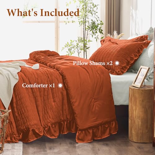 Image of JOLLYVOGUE Burnt Orange Comforter Full Size, 3 Pieces Seersucker Lightweight Full Size Bedding, All Season Fluffy Microfiber Bedding Comforter Set with 1 Ruffle Comforter and 2 Ruffle Pillowshams