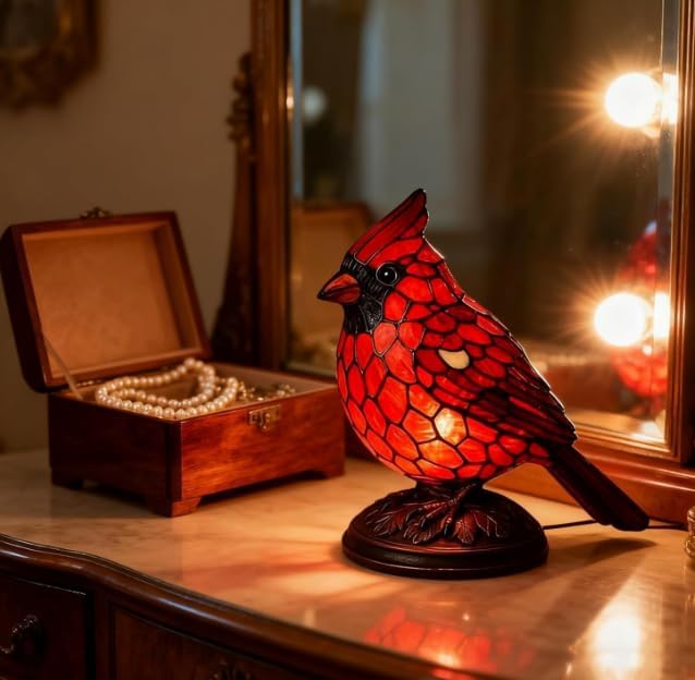 Cardinal Lamp Stained Glass, Desk Light, Home, Office Desk, Bedroom Decoration
