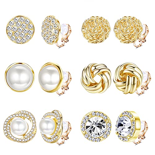 HAIAISO 6 Pairs Clip On Earrings Cubic Zirconia Pearl Knot Twist Clip On Earrings Non Pierced for Women Clip Earrings Set