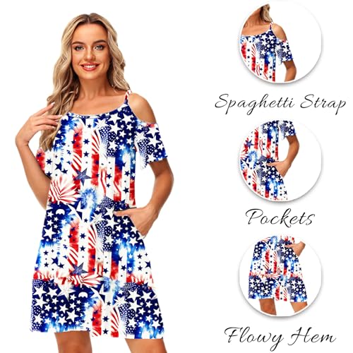 Image of Deerose Womens 4th of July Dresses Cold Shoulder American Flag Tie Dye A-Line Dress with Pockets