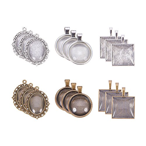 PH PandaHall 60pcs Pendant Trays Set, 30pcs Round Oval Square Pendant Trays Antique