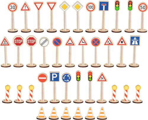 goki 53761 - Mon grand kit de panneaux de signalisation routière en bois - Jouet éducatif pour enfants à partir de 3 ans