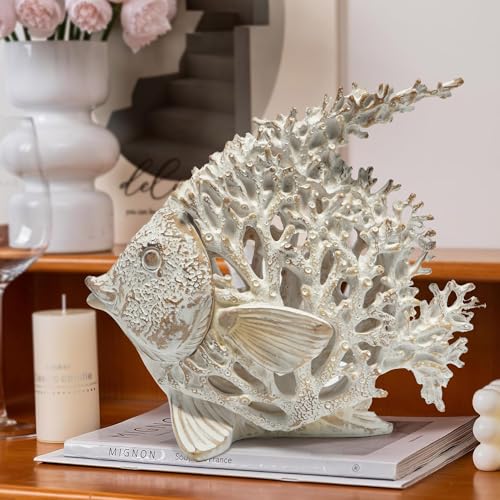 Hodao Sea Coral Fish Figurines Decoration Summer Beach Coastal Decor Coral Reef Angelfish Home Office Desk Decor Statues for Tabletop Shelf Bathroom Decoration Ornament Gifts for Mom (White)