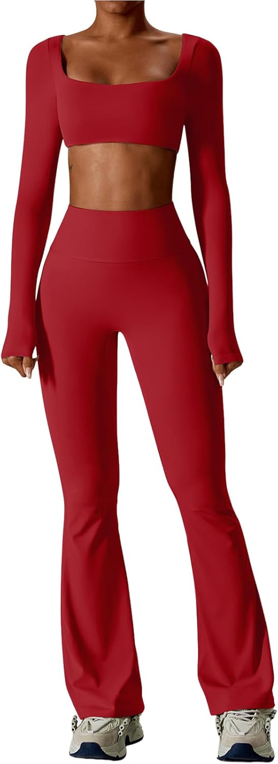 ABOCIW Workout Sets for Women 2 Piece Square Neck Long Sleeve Crop Tops High Waist Flared Leggings Gym Sets