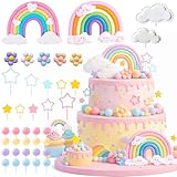 39 Pcs Rainbow Cake Topper, Rainbow Party Decorations with Pastel Ball Toppers and Daisy Flowers for Boho Birthday, Baby Shower Cake Decorations