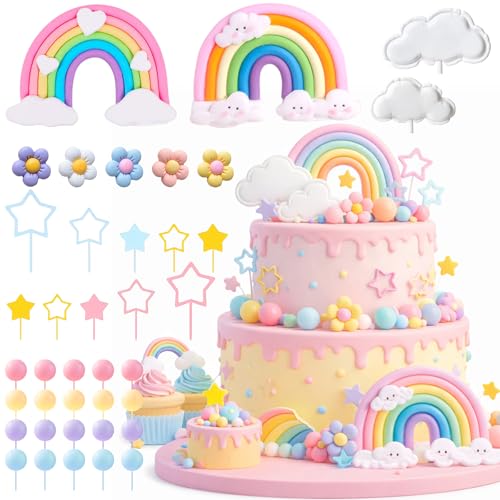 39 Pcs Rainbow Cake Topper, Rainbow Party Decorations with Pastel Ball Toppers and Daisy Flowers for Boho Birthday, Baby Shower Cake Decorations