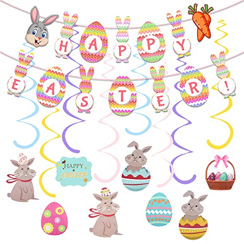 BEKOIUP Lot de guirlandes décoratives en Forme de Lapin de Pâques - Décoration à Suspendre - Bannière Happy Easter - Guirlandes d'œufs de Pâques - Serpentins - Décoration à Suspendre pour Enfants Cover