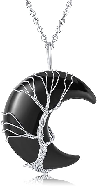 XIANNVXI Healing Crystals Necklace Crescent Moon Pendant Necklace Tree of Life Wire Wrapped Real Crystal Reiki Spiritual Necklace Jewellery for Women Mothers Day Gifts