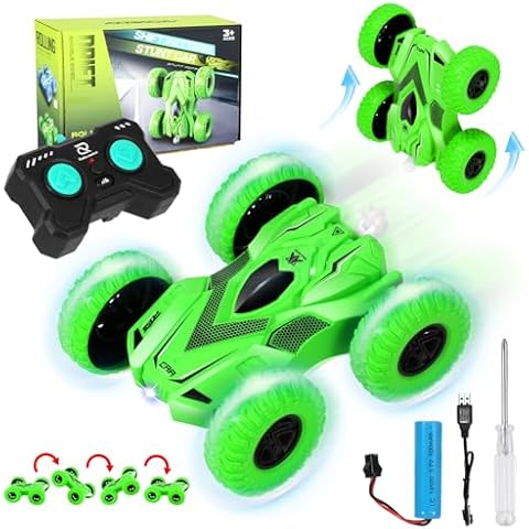 RC Stunt Cars for Boys Age 6 Year Old Kids Toys RC Cars with Lights UP 4WD 2.4Ghz Double Sided 360° Rotating RC Truck Kids Easter, Halloween Xmas Toy Cars for Boys Girls Gifts（Green） Cover