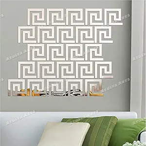 Atulya Arts 24 PCS 4inch Greek Key Pattern Geometric Mirror Wall Sticker, Self Adhesive 3D Acrylic Stickers for Wall, Mirror Silver Decorative Wall Stickers for Living Room Bedroom Home Decor (Silver)