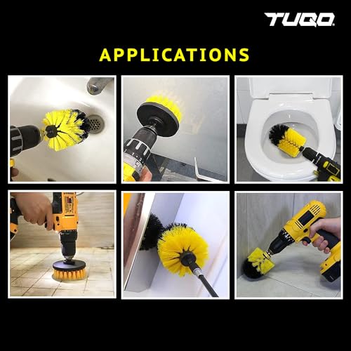 Image of TUQO SB20Y, DrillBrush Attachment Set - Power Scrubber Brush Cleaning Kit - for Bathroom Surfaces, Grout, Floor, Tile, Corners, Kitchen. etc. |Medium Bristles |Hex Shank Fits Most Drills |Yellow