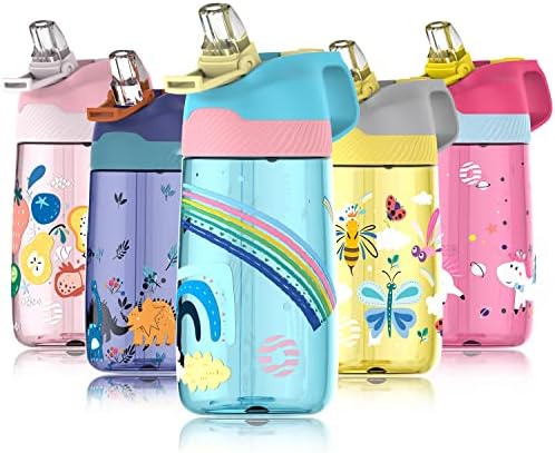 Fjbottle Kids Water Bottle with Straw, BPA Free Leak Proof 450ml Drinking Bottle, Eco Friendly Tritan Sports Water Bottle for Kids, One Click Flip Lid