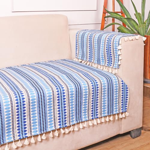 Image of STITCHNEST Woven 3 Seater Sofa Protector with 2 Hand Rest Covers - Blue & White Stripe Design - Washable Fabric with Tassels - Stylish Sofa Cover for Modern Living Room & Furniture Decor