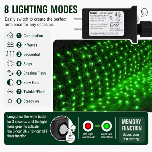 Image of Dazzle Bright Christmas Net Lights, 360 LED 12FT x 5 FT Transparent Wire Waterproof Connectable String Lights with 8 Modes Christmas Outdoor Lights for Bushes Garden Party Holiday Decoration (Green)