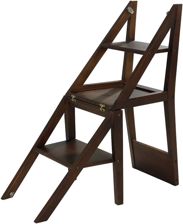 Indoor Climbing Stool,Modern Folding Chair Multi-Function Portable Solid Wood Rack Chair Stool 3 Layer Step Stool for Kitchen Living Room Library (Walnut Color 90Cm)
