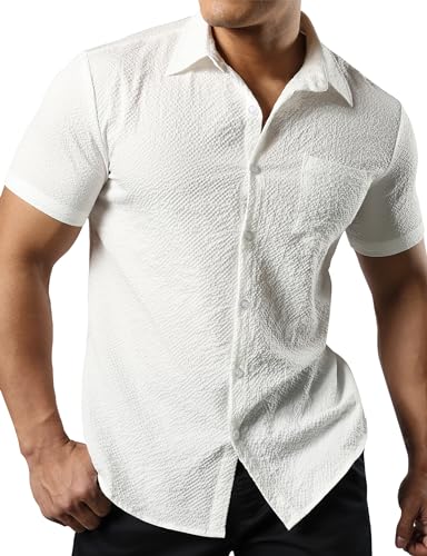 JOGAL Men's Button Down Shirts Short Sleeve Casual Shirts Textured Summer Beach Wedding Shirts2