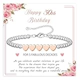 BMMYE 50th Birthday Gifts for Women,Silver Bead Bracelet with Rose Gold Heart Adjustable Sterling Silver Bracelet Birthday Gifts with Cards for Mum Daughter Sister Grandma