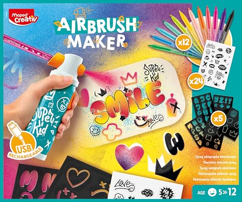 Maped CREATIV AIRBRUSH MAKER 907080 – Graffiti Set für Kinder ab 5 Jahren, wiederaufladbares Airbrush Gerät mit Filzstiften JUNGLE, Schablonen, Sticker & A5 Papier