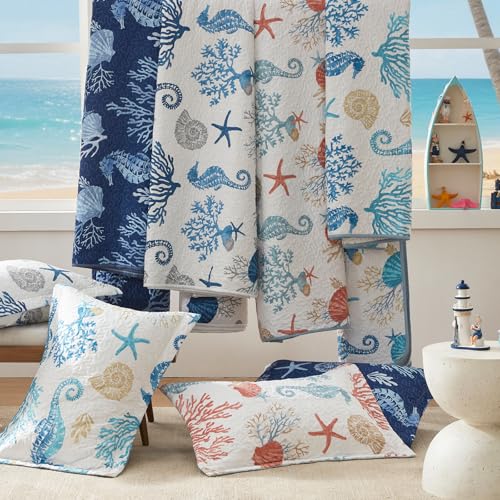 LEAONME Coastal Quilt Set Full/Queen Size - Lightweight Microfiber Reversible Bedspread, 90''x98'', Sea Blue, Includes 2 Shams - Image 6