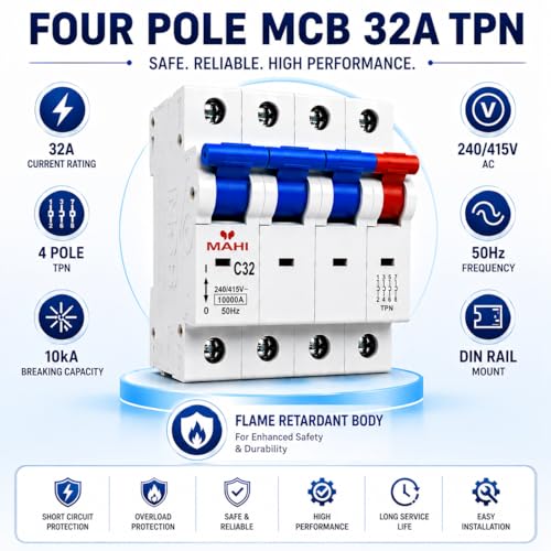 Image of MAHI 32A Four Pole MCB C Curve, Miniature Circuit Breaker with Overload & Short Circuit Protection, 32A Breaking Capacity, Durable Polycarbonate Body for Home & Industrial Use