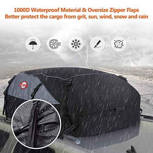 Car Roof Bag Rooftop Cargo Carrier, 21 Cubic Feet 1100D Waterproof Vehicle Soft-Shell Carriers Topper Luggage Bag for All Cars With/Without Rack, 8 Reinforced Straps and Storage Carrying Bag Included