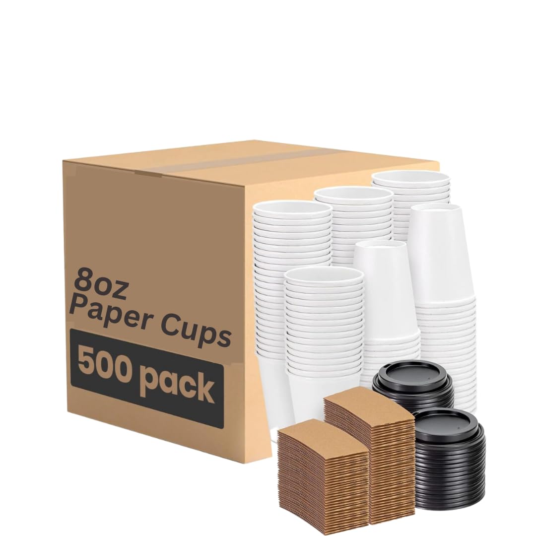 500 Pack 8oz White Coffee Cups With Lids And Sleeves | Disposable Paper Coffee Cups | Drinking Cups For Cold/Hot Coffee, Water, Juice, or Tea, Hot Paper Cups For Home, Store and Cafe