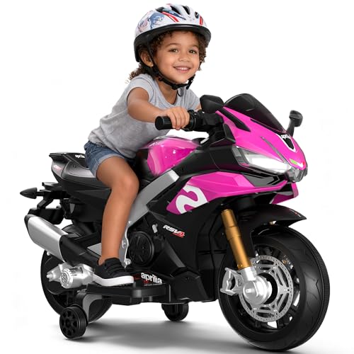 Beblinglet Kids Motorcycle, 12V Licensed Aprilia RSV4 Electric Motorcycle for Kids, Training Wheels, LED Headlight, Music, Battery Powered Ride on Motorcycle for Toddler Boys Girls Pink