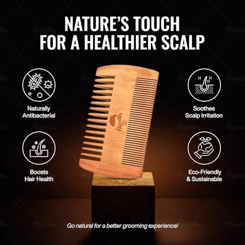 Image of Hipster Neem Wooden Comb for Men | Dual Side Tooth Beard & Hair Grooming Comb for Hair Growth | Anti-Static, Pocket Friendly, Natural Wooden Comb