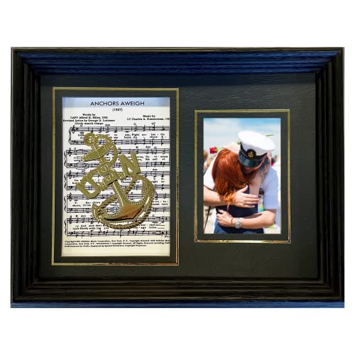 Northern Promotions United States Navy Veteran Gift – 6x8 Display for 2x3 Portrait with Anchors Aweigh Music Sheet and Gold Emblem – Black Solid Wood Frame for Graduation or Memorial – Made in USA