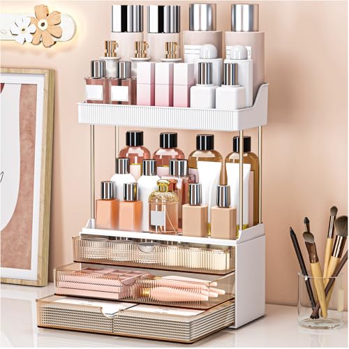 Image of caktraie 2 Pack Bathroom Organizers and Storage - 3 Drawers 2 Tier Makeup Organizer, Cosmetic Storage Drawer for Dresser Countertop and Bathroom Vanity for Large Skincare, Perfume, Amber