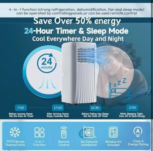 Rexhan Portable Air Conditioner, 9000 BTU Multifunctional Air Conditioning Unit, AC Unit, 4 in 1 Air Cooler, Air Purifier, Fan, Dehumdifier, 24h Timer, Remote Control, Window Kit, Class A Rating - Image 4