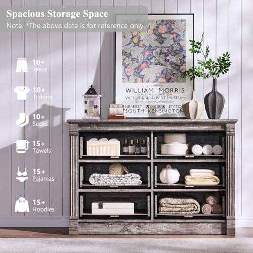Image of Aitjunz Farmhouse 6 Drawer Dressers for Bedroom, 47'' Wide Dresser & Chests of Drawers w /Roman Columns, Horizontal Wooden TV Stand Dresser w /Metal Handle for Bedroom, Hallway, Living Room, Light Grey