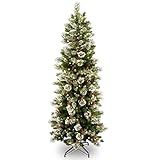 National Tree Company Pre-lit Artificial Christmas Tree | Includes Pre-strung White Lights and Stand | Flocked with Cones, Red Berries and Snowflakes | Wintry Pine Slim - 6.5 ft