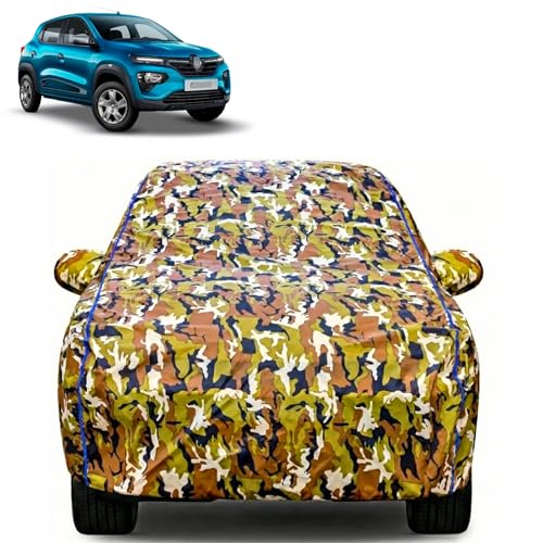 Image of Waterproof Car Body Cover for Renault Kwid with Mirror Pocket| Cotton Inner Lining | Triple Stitched | All Weather Protection | Dust, UV & Rain Proof (Camouflage with Blue Piping)