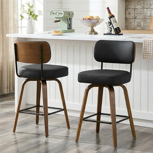 Image of Swivel Bar Stools Set of 3, 26 inch Upholstered Counter Height Bar Stools with Back and Walnut Wood Legs, Faux Leather Barstools for Kitchen Counter, Black