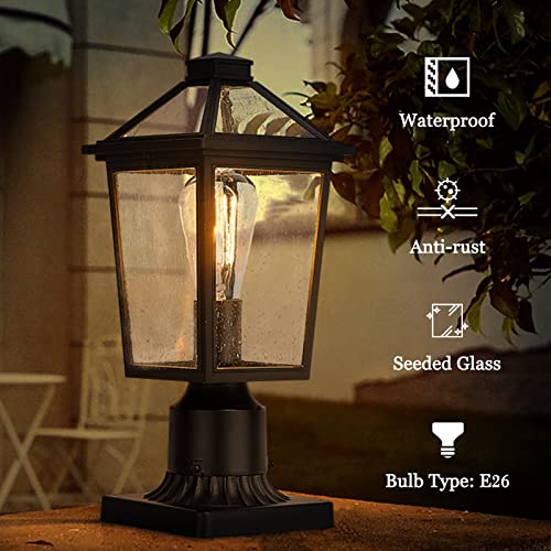 Image of zeyu Farmhouse Outdoor Post Light Fixture, 13.4 Inch Column Lamp Post Lantern for Garden Patio House, Die-Cast Aluminum in Black Finish, Seeded Glass Shade, ZX58P BK
